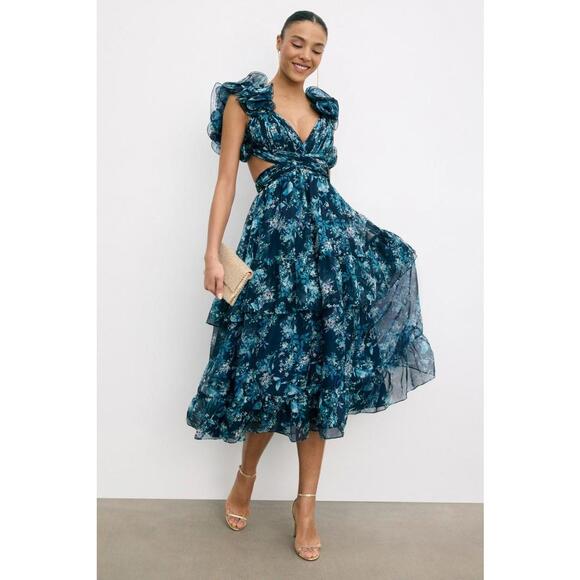 Mac Duggal Dresses & Skirts - Ieena for Mac Duggal Blue Ruffle Tiered Floral Cut Out Gown Size 8 Fabric Pull